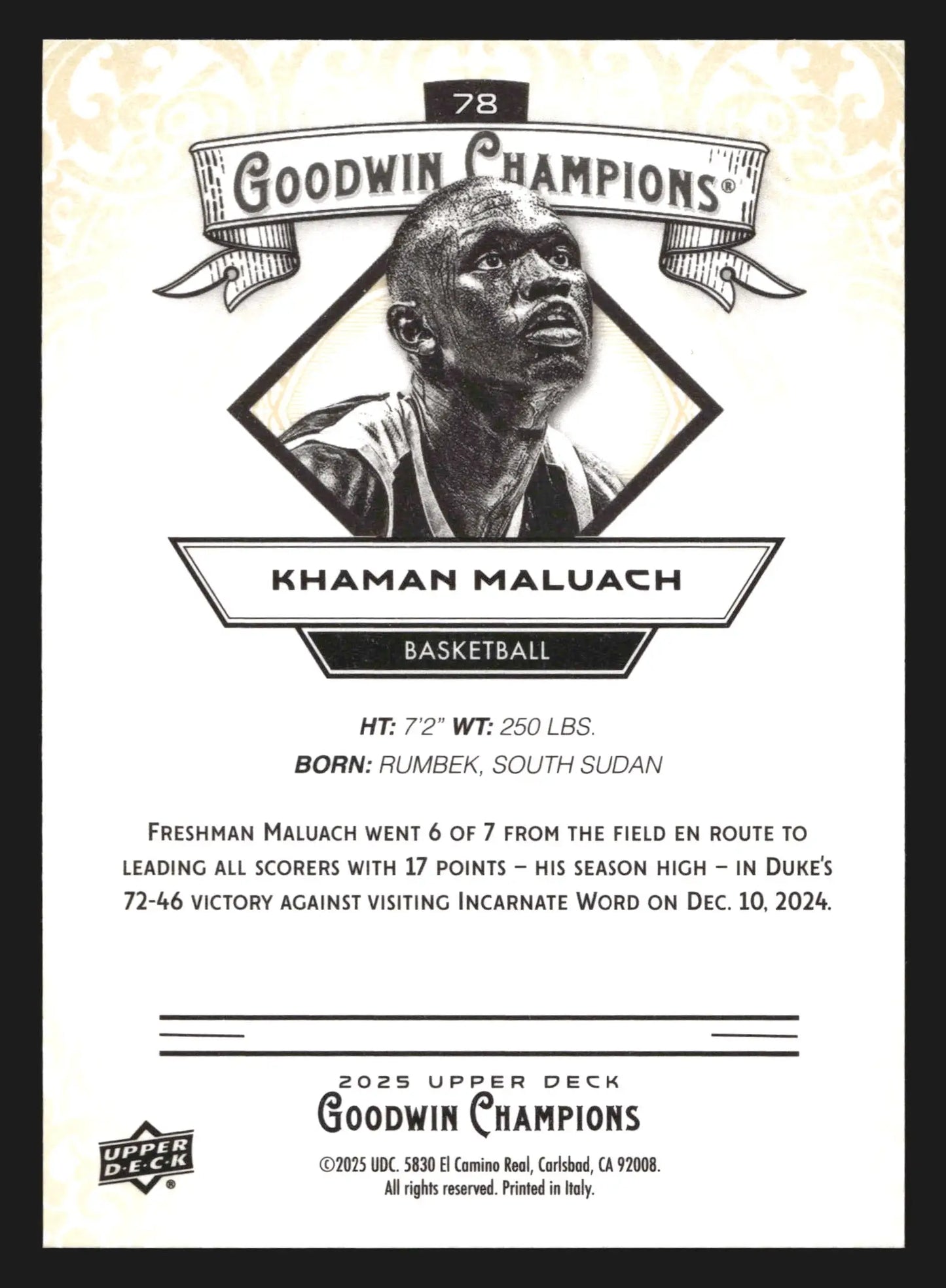 2025 Upper Deck Goodwin Champions Khaman Maluach #78 Suns RC - Basketball Card Single