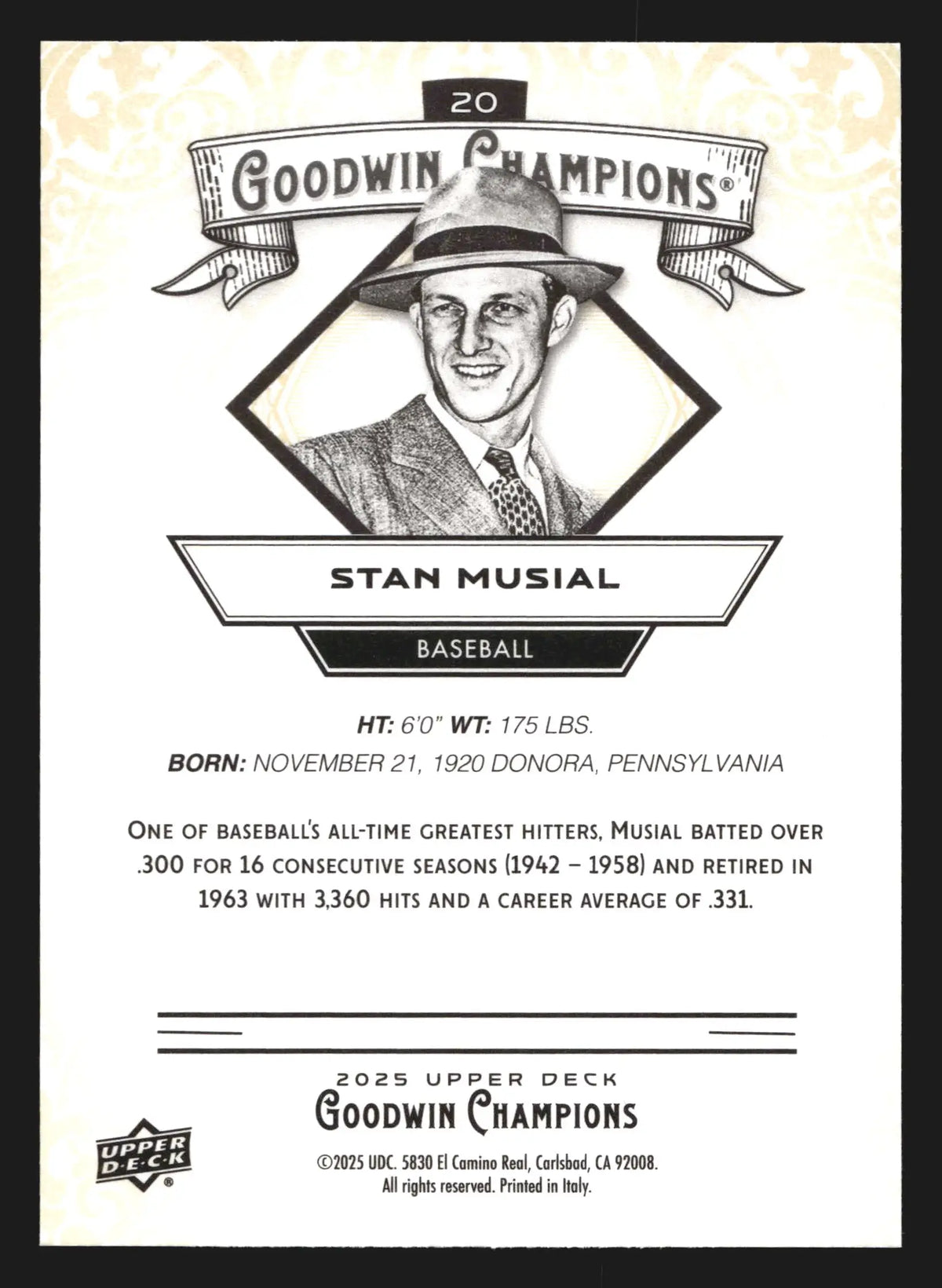2025 Upper Deck Goodwin Champions Stan Musial #20 Cardinals HOF - Baseball Card Single