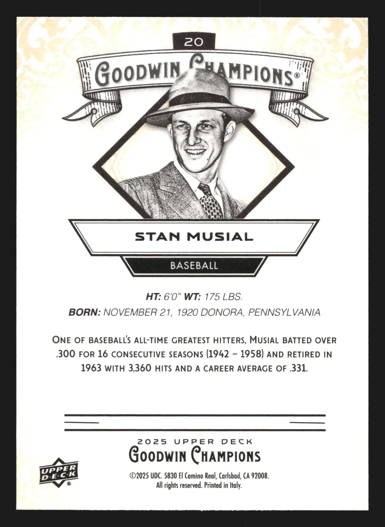 2025 Upper Deck Goodwin Champions Stan Musial #20 Cardinals HOF - Baseball Card Single
