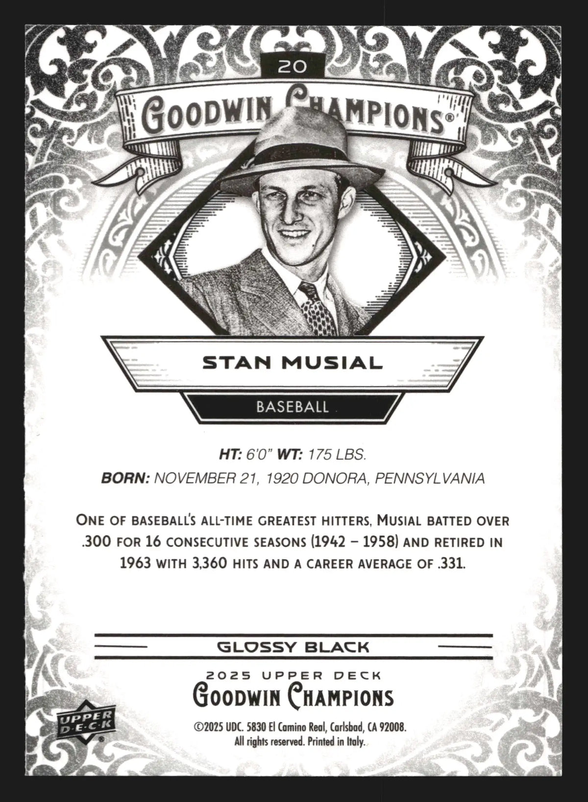 2025 Upper Deck Goodwin Champions Stan Musial #20 Glossy Black HOF - Baseball Card Single