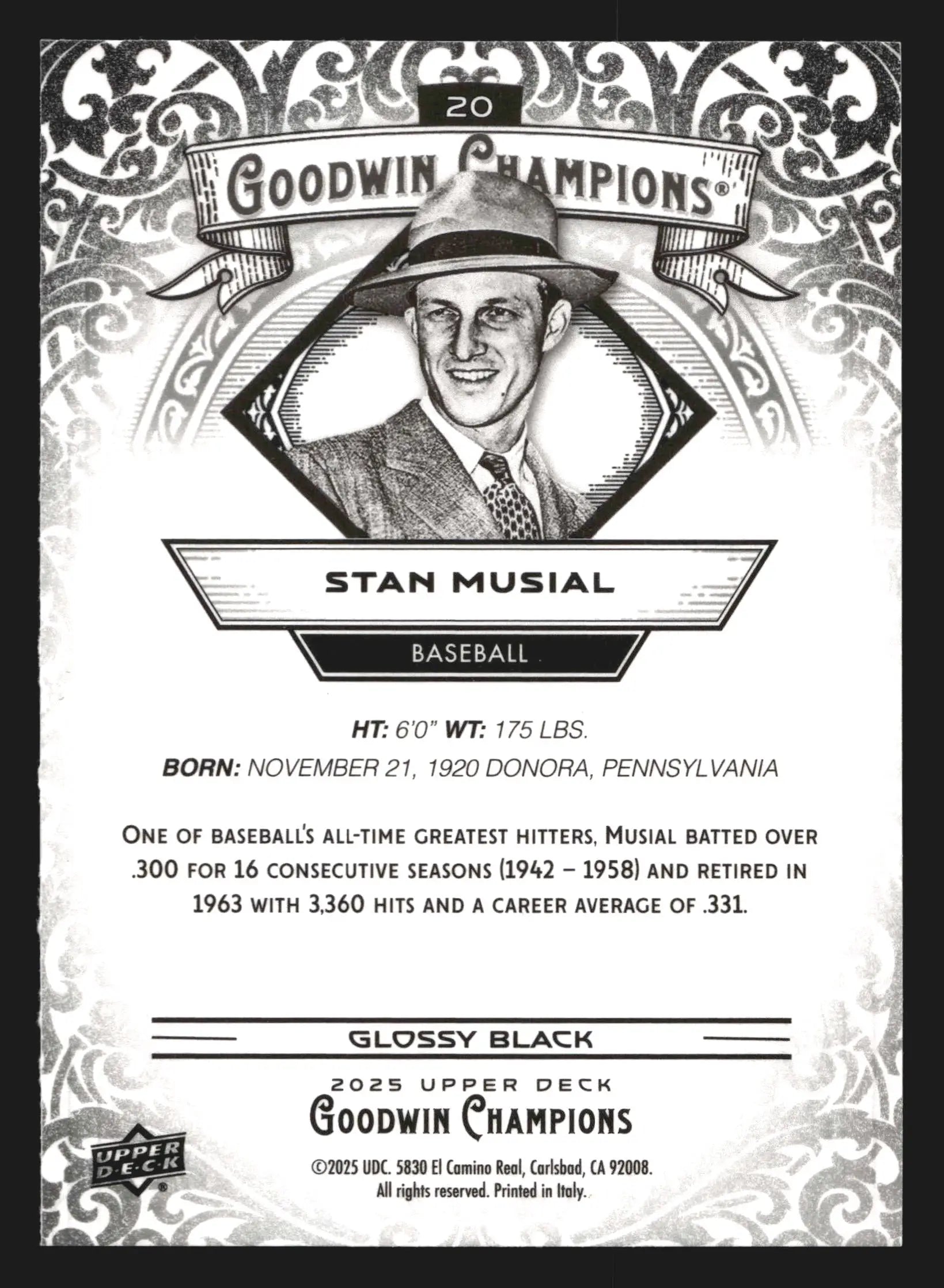 2025 Upper Deck Goodwin Champions Stan Musial #20 Glossy Black HOF - Baseball Card Single