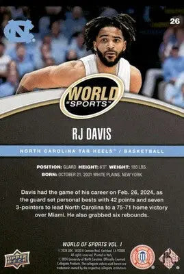 2025 Upper Deck World Sports RJ Davis #26 / Basketball - Basketball Card Single