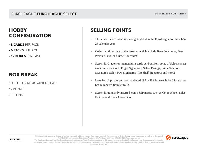2025/26 Panini Select EuroLeague Basketball Hobby Box | Columbia Sports Cards | Columbia Hobby - Sports Card Boxes - Toploaders - Card Savers.