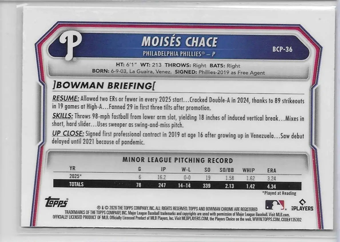 2026 1st Bowman Chrome Laser Refractor Moises Chace #BCP-36 RC (1302) - Baseball Card Single