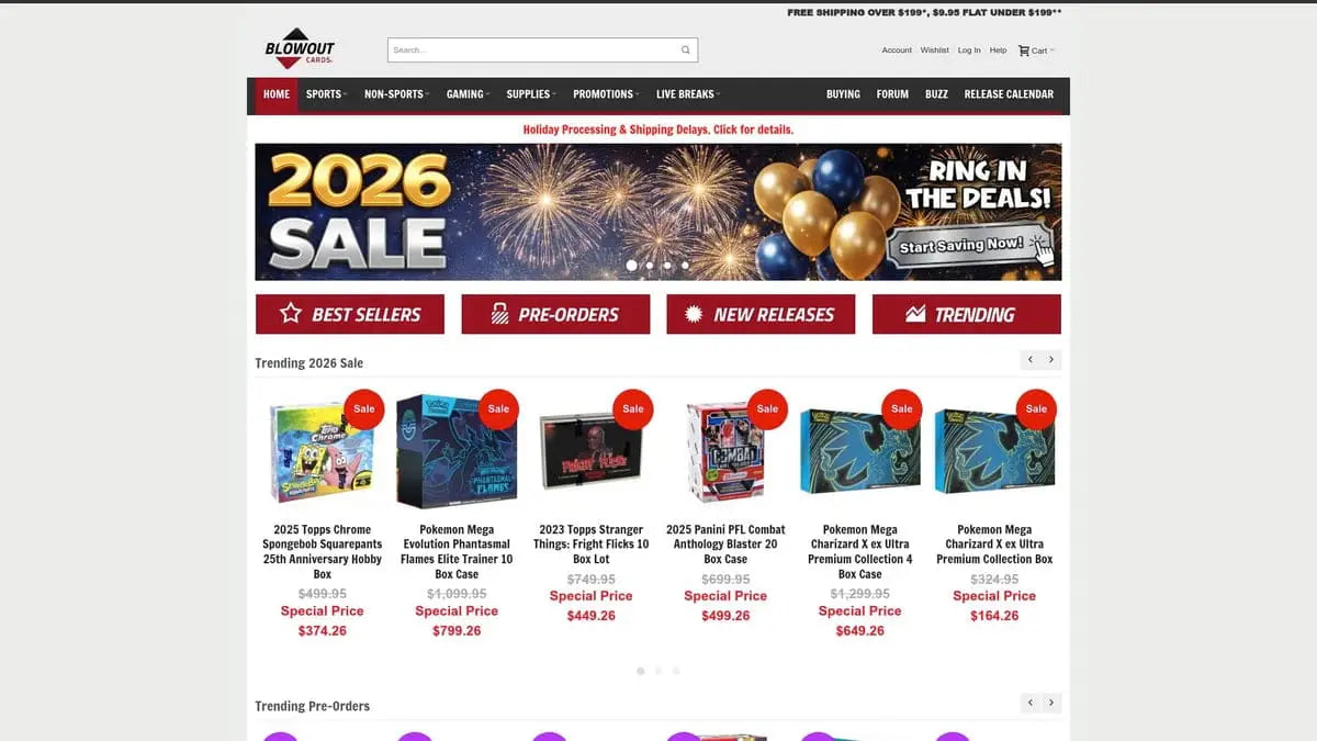 2026 blowout sale banner with fireworks and gold balloons for baseball cards dealers
