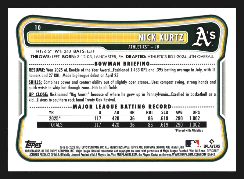 2026 Bowman #10 Nick Kurtz Athletics