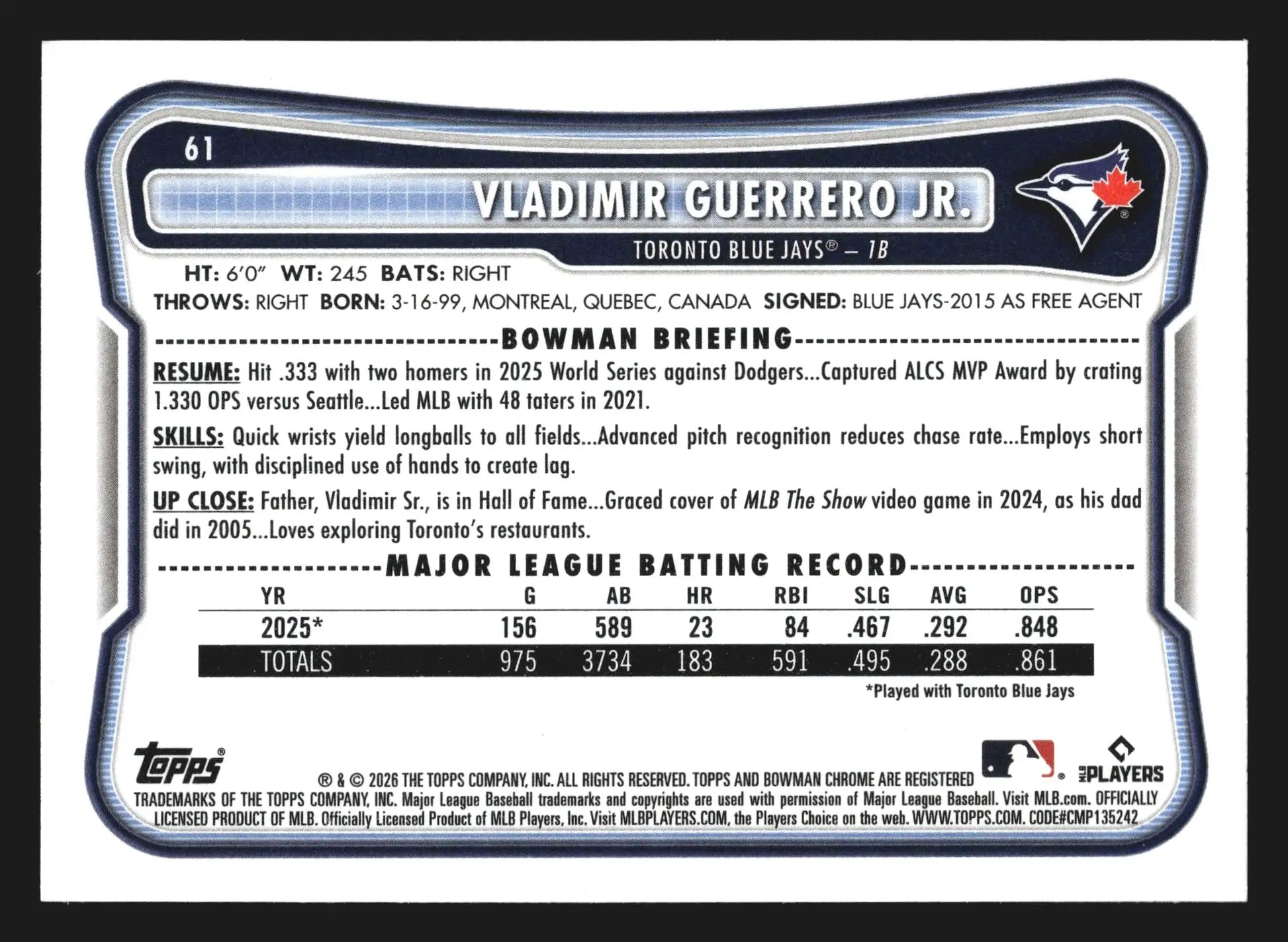 2026 Bowman #61 Vladimir Guerrero Jr Toronto Blue Jays