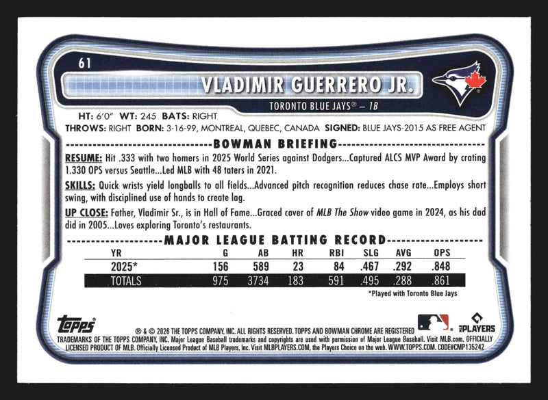 2026 Bowman #61 Vladimir Guerrero Jr Toronto Blue Jays