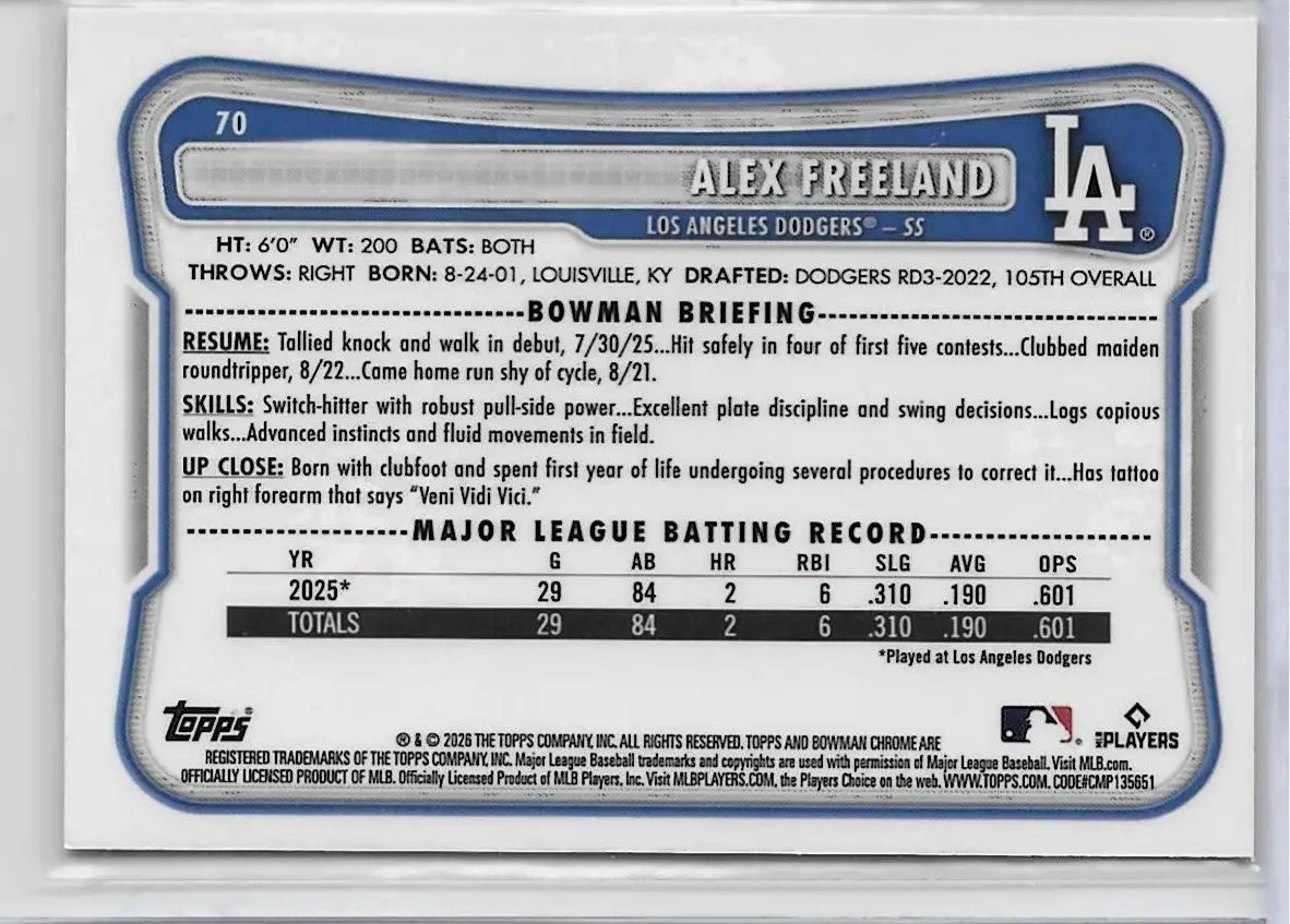 2026 Bowman #70 Alex Freeland Chrome Mojo Refractors (1499) - Baseball Card Single