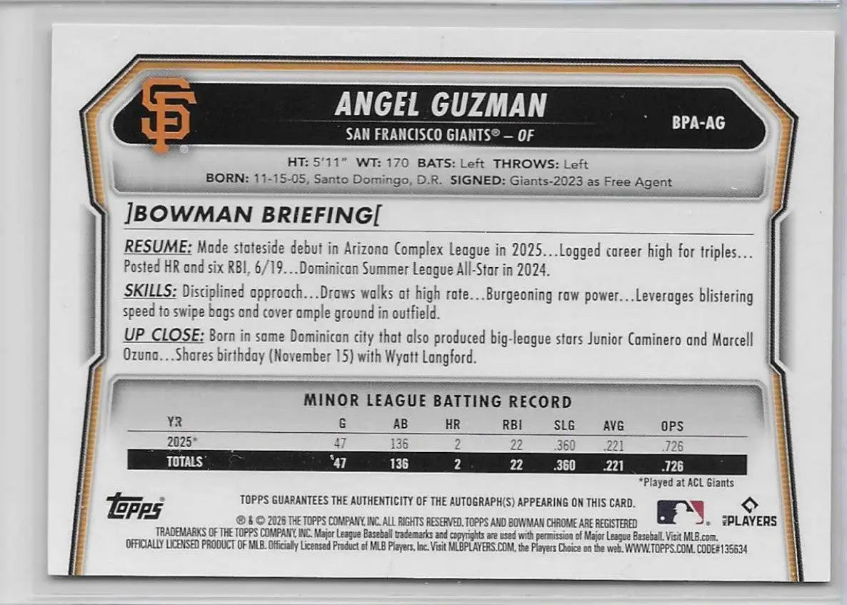 2026 Bowman Angel Guzman Green Auto /99 (1242) - Baseball Card Single