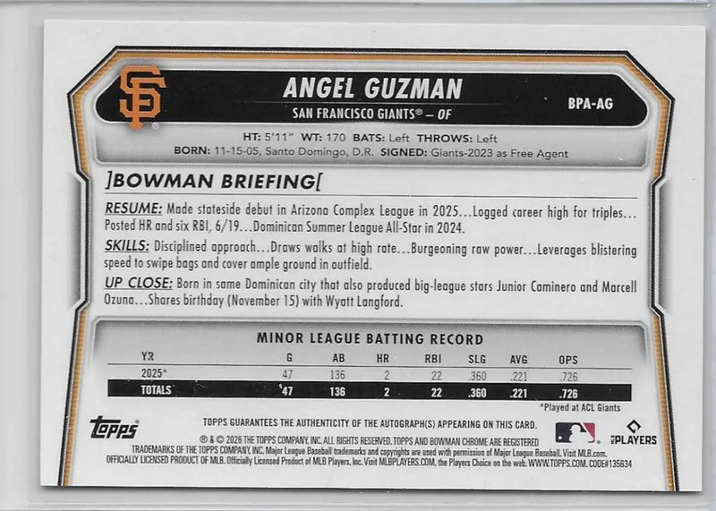 2026 Bowman Angel Guzman Green Auto /99 (1242) - Baseball Card Single