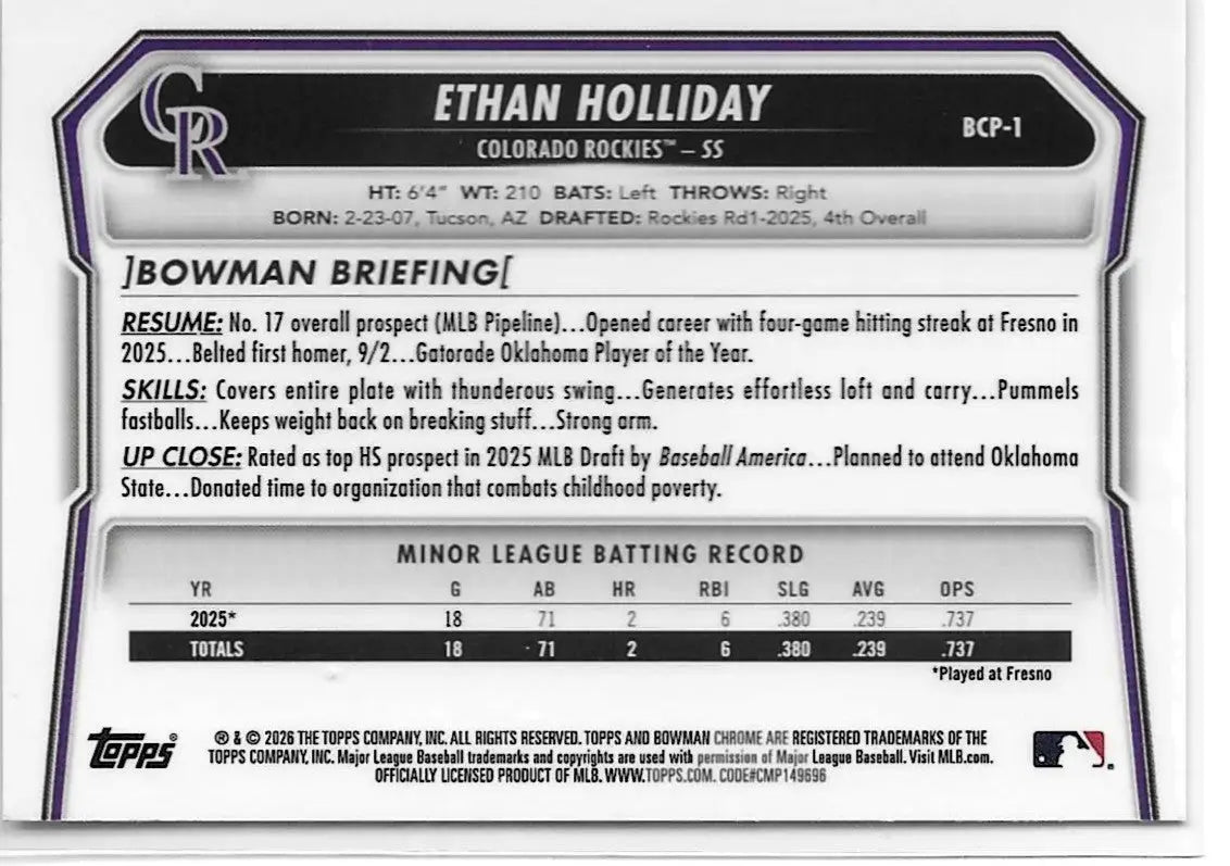 2026 Bowman Baseball Ethan Holliday 1st Mega Mojo Chrome BCP-1 Rockies (1324) - Baseball Card Single