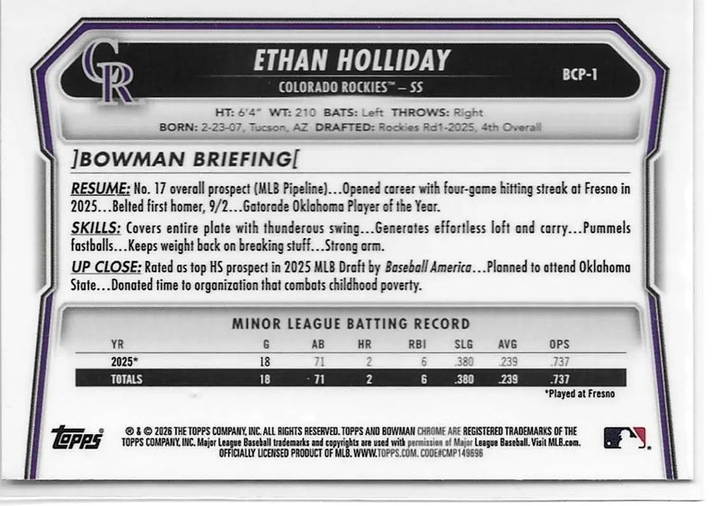 2026 Bowman Baseball Ethan Holliday 1st Mega Mojo Chrome BCP-1 Rockies (1324) - Baseball Card Single