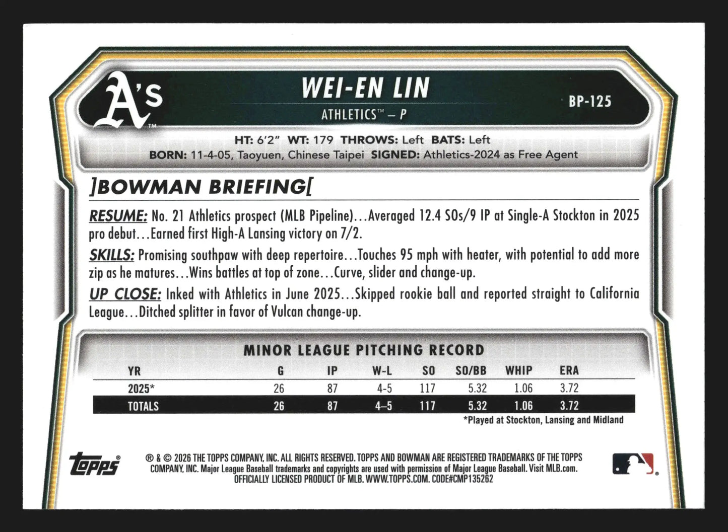2026 Bowman #BP-125 Wei-En Lin Athletics 1st Bowman