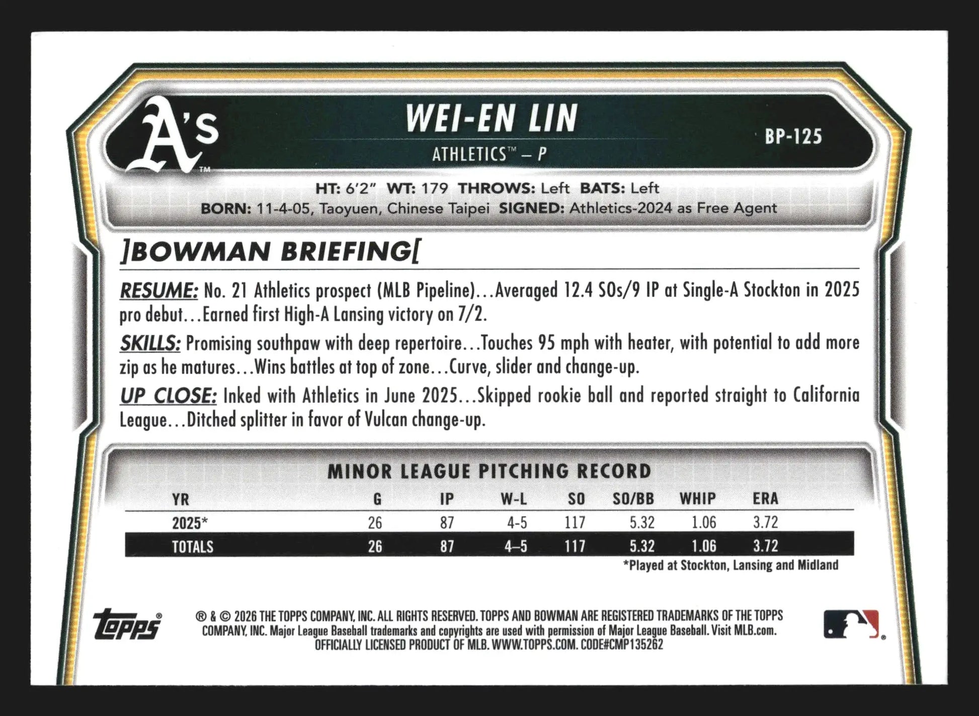 2026 Bowman #BP-125 Wei-En Lin Athletics 1st Bowman