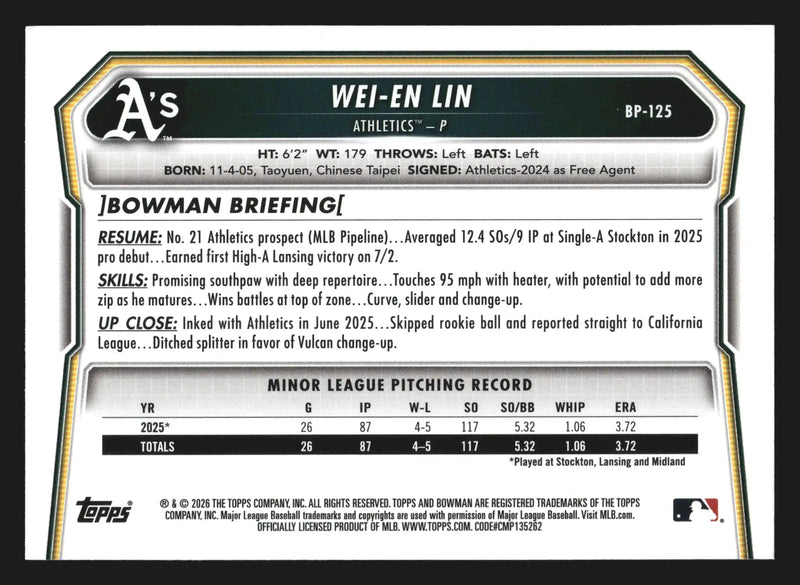 2026 Bowman #BP-125 Wei-En Lin Athletics 1st Bowman