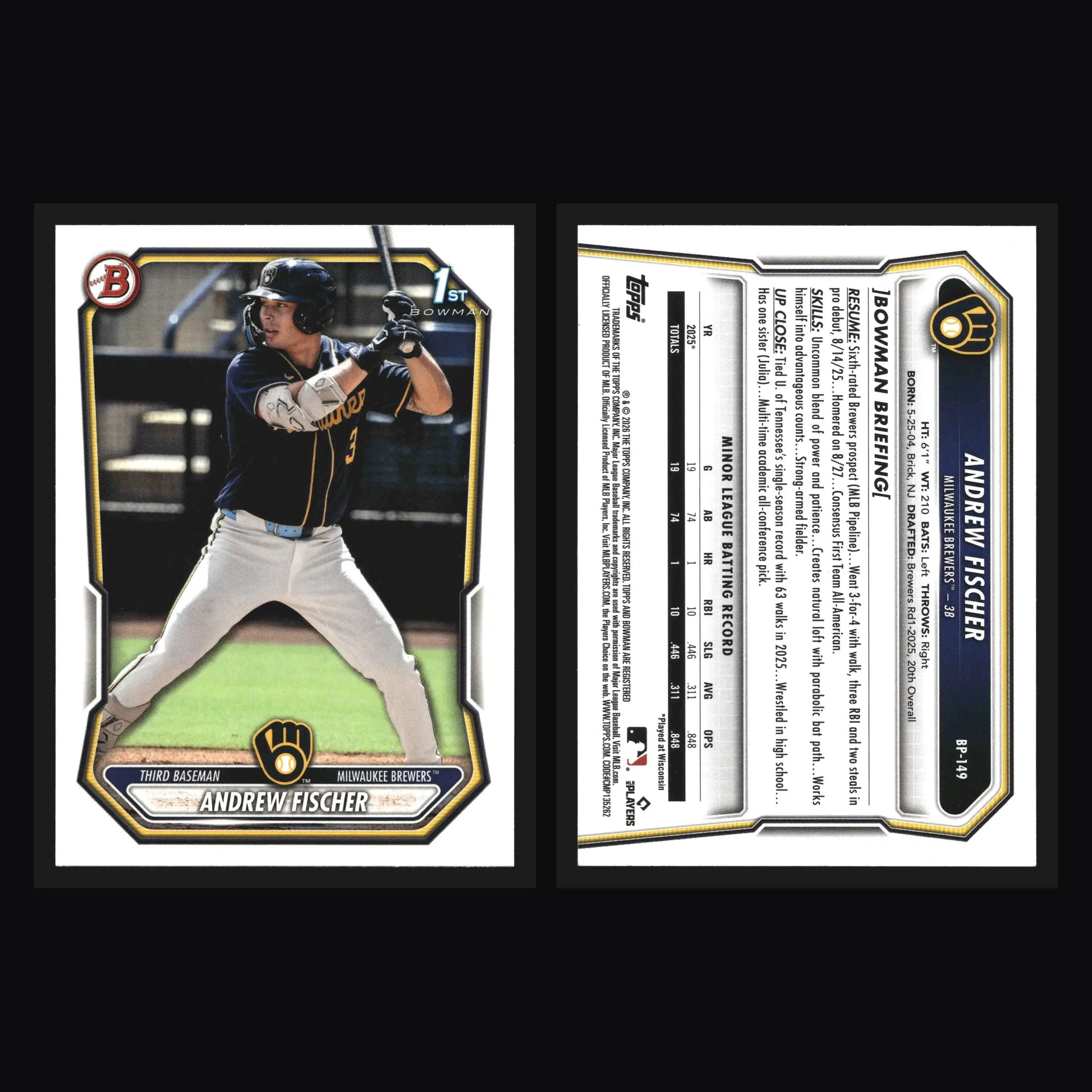 2026 Bowman #BP-149 Andrew Fischer Brewers 1st Bowman - Baseball Card Single