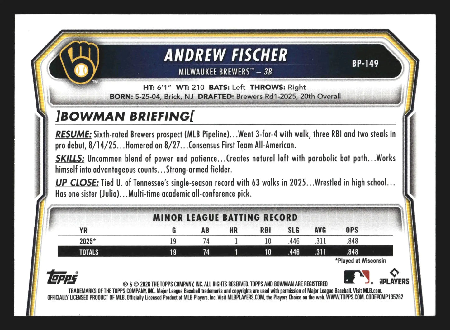 2026 Bowman #BP-149 Andrew Fischer Brewers 1st Bowman - Baseball Card Single