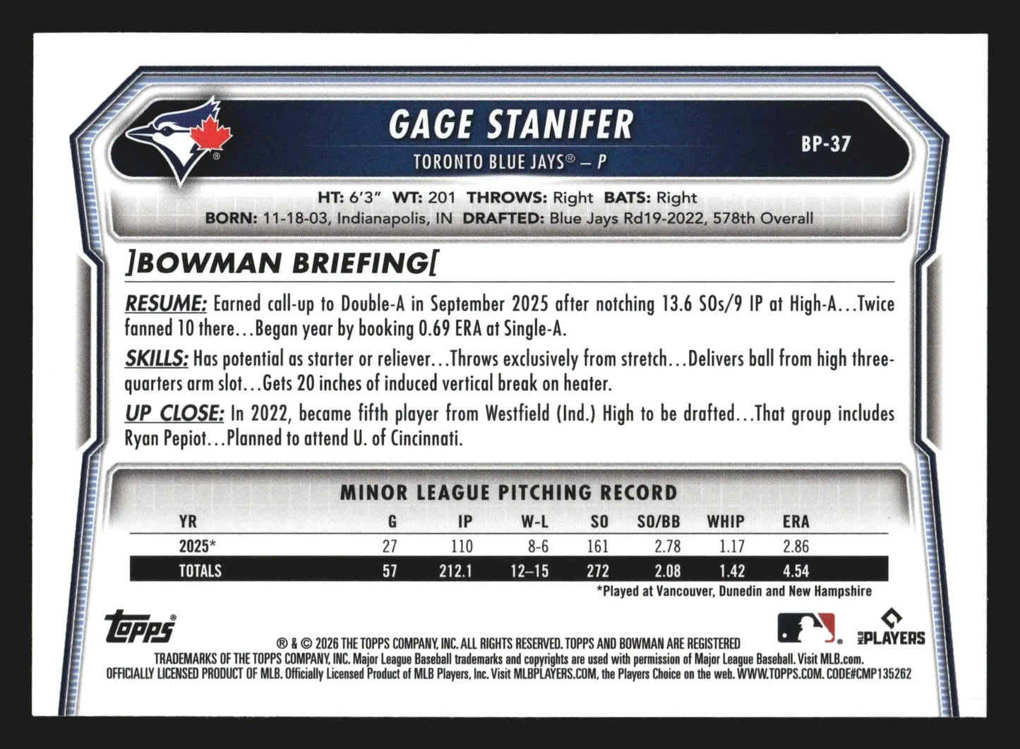 2026 Bowman #BP-37 Gage Stanifer 1st Bowman Toronto Blue Jays