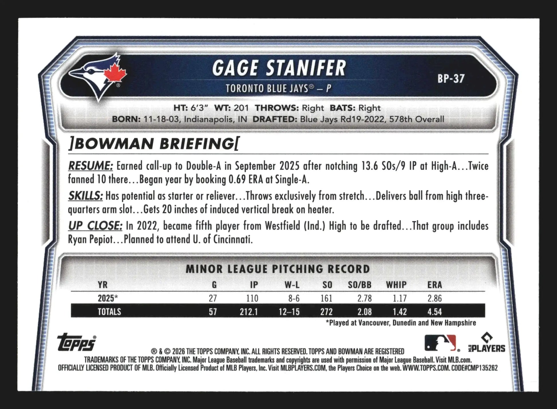 2026 Bowman #BP-37 Gage Stanifer 1st Bowman Toronto Blue Jays