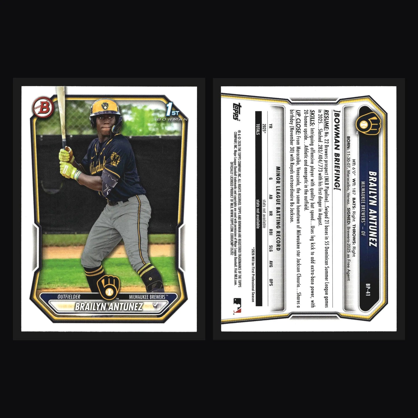 2026 Bowman #BP-41 Brailyn Antunez 1st Bowman Milwaukee Brewers Prospect - Baseball Card Single