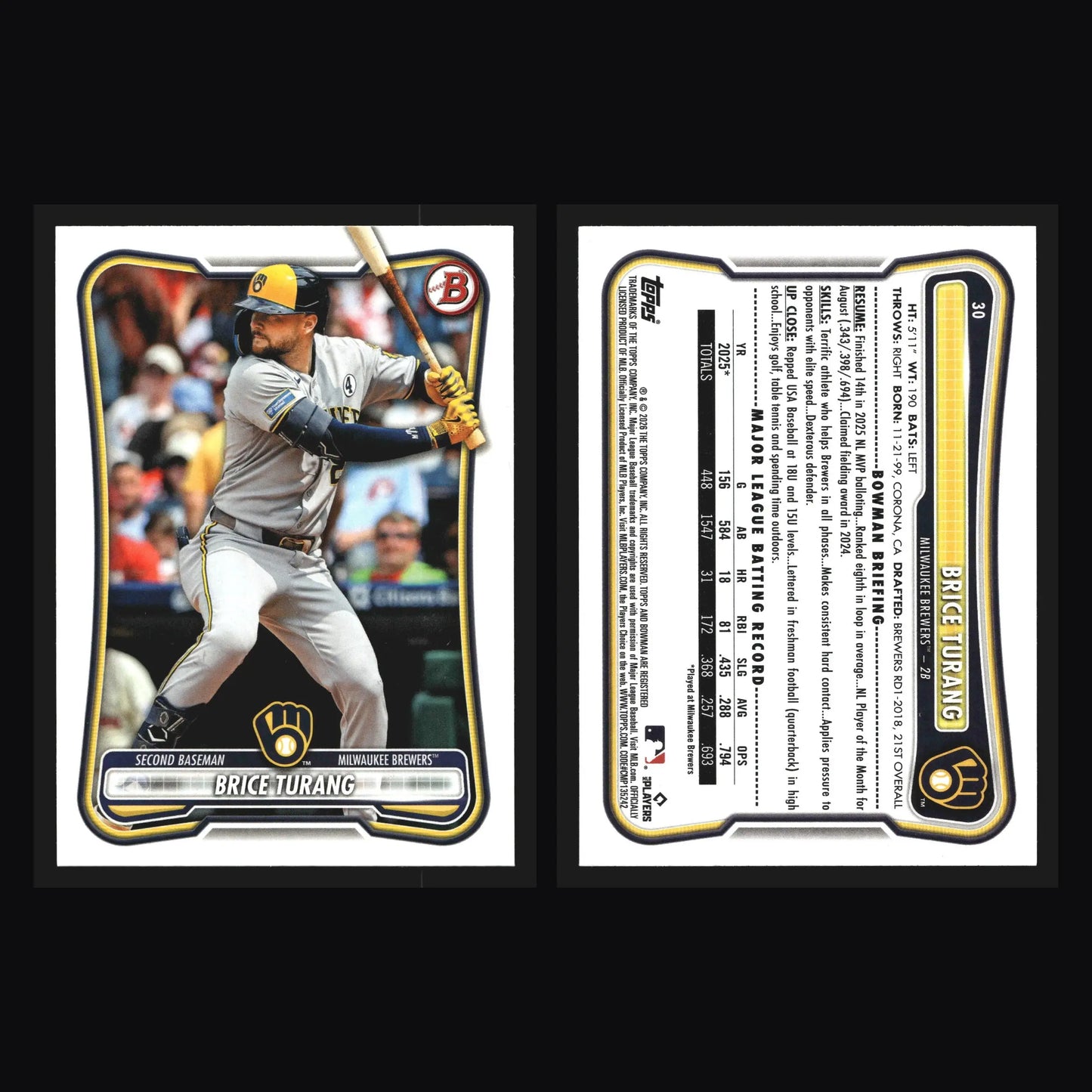 2026 Bowman Brice Turang #30 Milwaukee Brewers - Baseball Card Single
