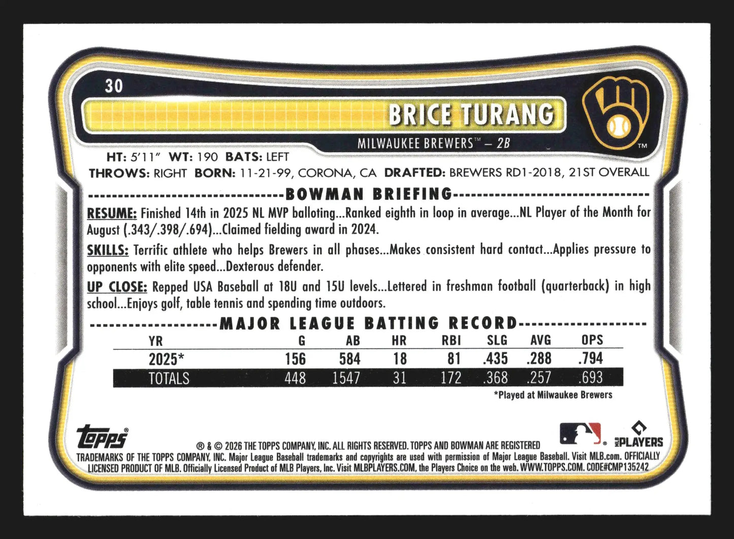 2026 Bowman Brice Turang #30 Milwaukee Brewers - Baseball Card Single