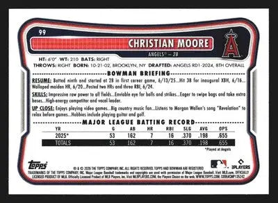 2026 Bowman Christian Moore #99 Angels RC - Baseball Card Single