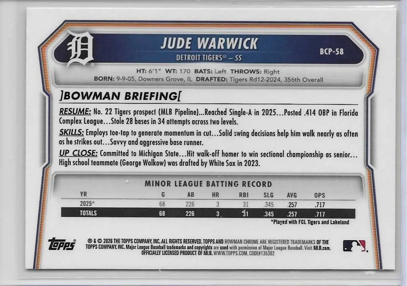 2026 Bowman Chrome 1st Bowman JUDE WARWICK #BCP-58 DETROIT TIGERS (1227) - Baseball Card Single