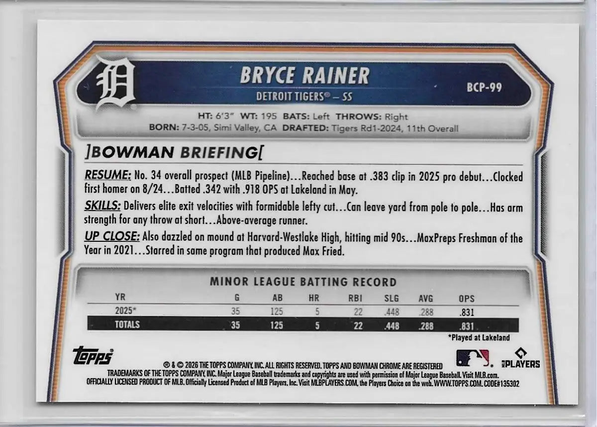 2026 Bowman Chrome Baseball Bryce Rainer Reptilian Refractor #BCP-99 (1253) - Baseball Card Single
