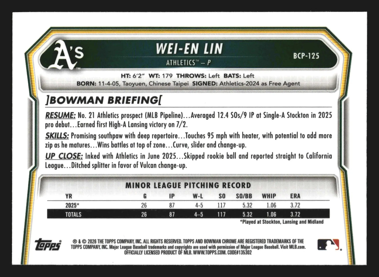 2026 Bowman Chrome #BCP-125 Wei-En Lin Athletics 1st Bowman