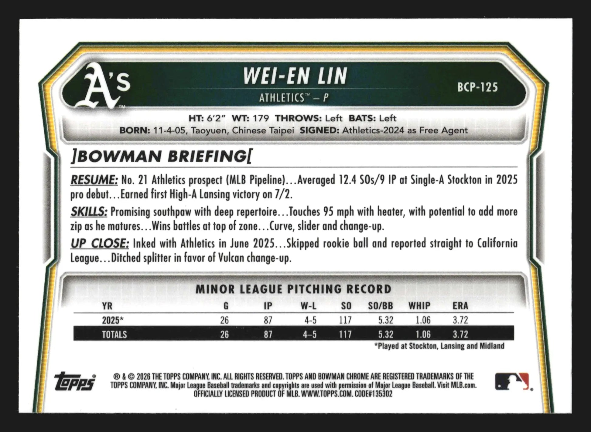 2026 Bowman Chrome #BCP-125 Wei-En Lin Athletics 1st Bowman