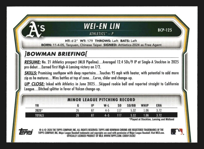 2026 Bowman Chrome #BCP-125 Wei-En Lin Athletics 1st Bowman