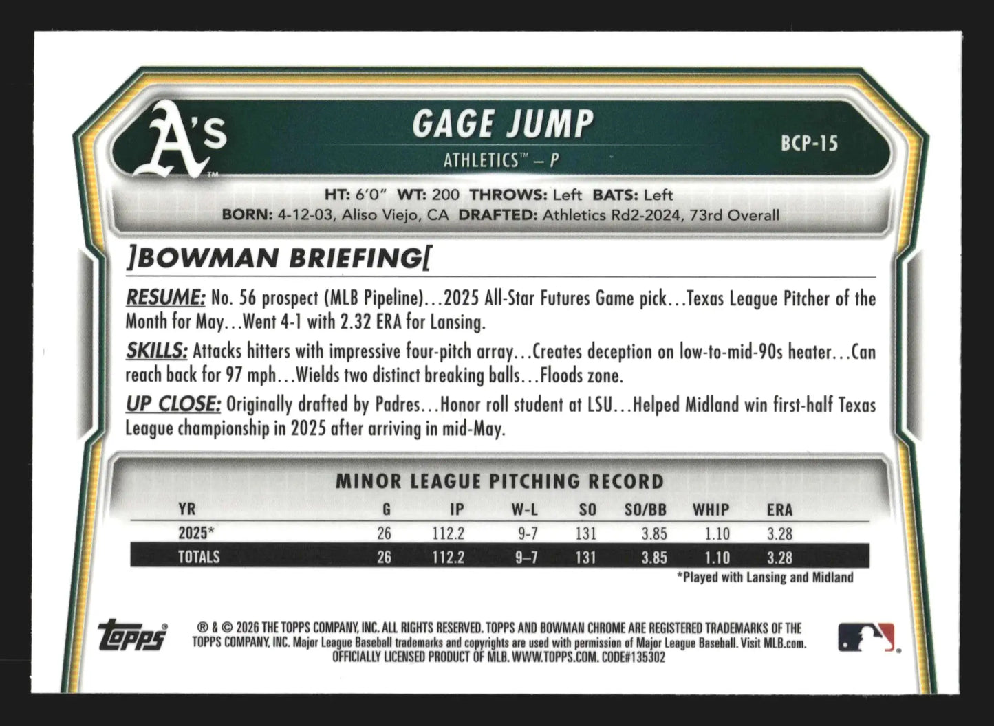 2026 Bowman Chrome #BCP-15 Gage Jump Athletics 1st Bowman - Baseball Card Single