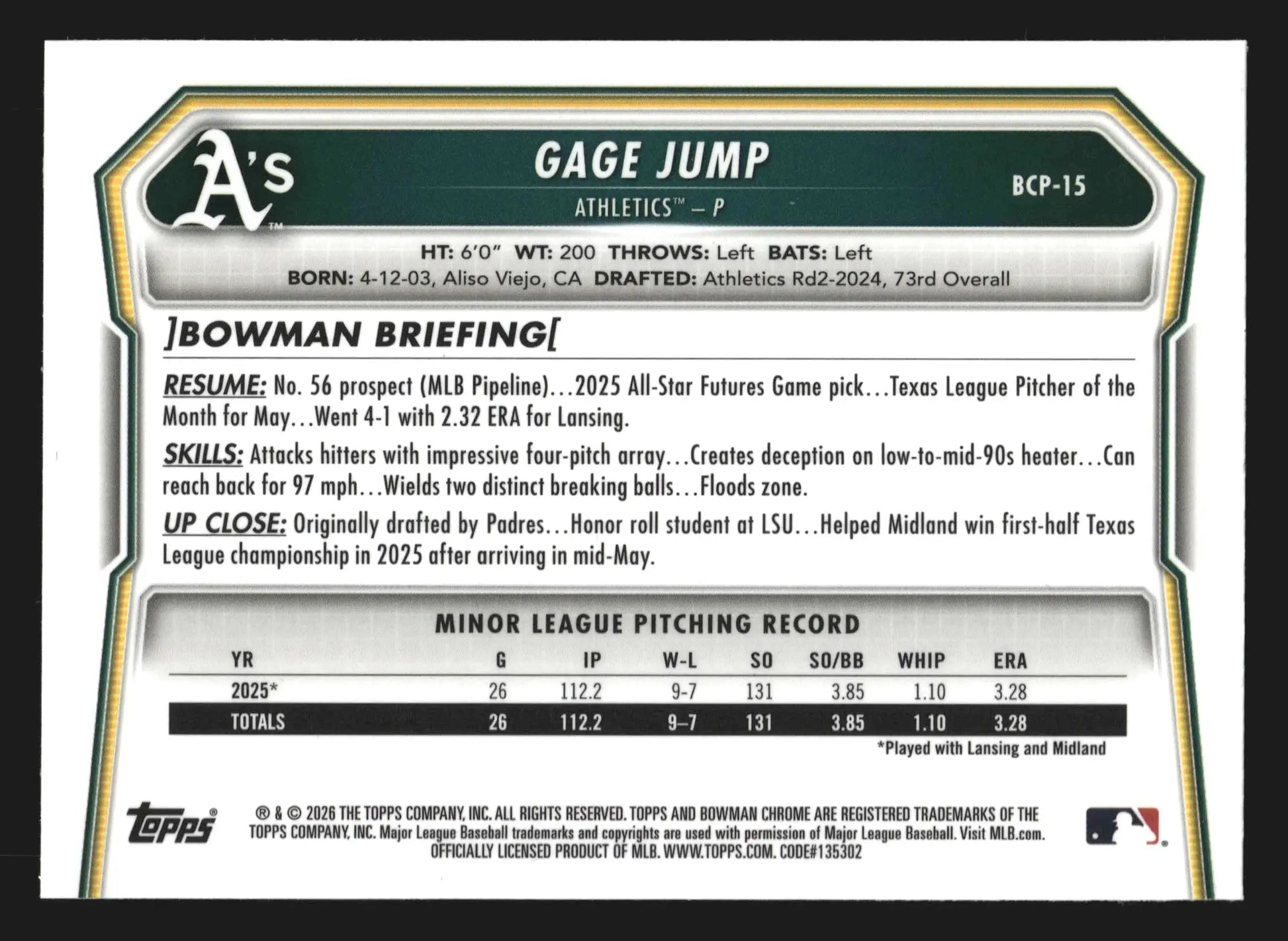 2026 Bowman Chrome #BCP-15 Gage Jump Athletics 1st Bowman - Baseball Card Single