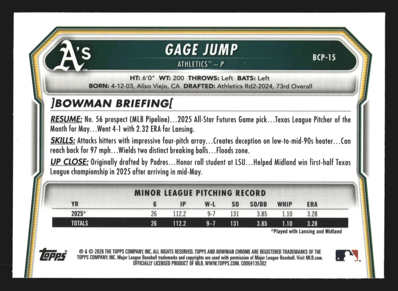 2026 Bowman Chrome #BCP-15 Gage Jump Athletics 1st Bowman - Baseball Card Single