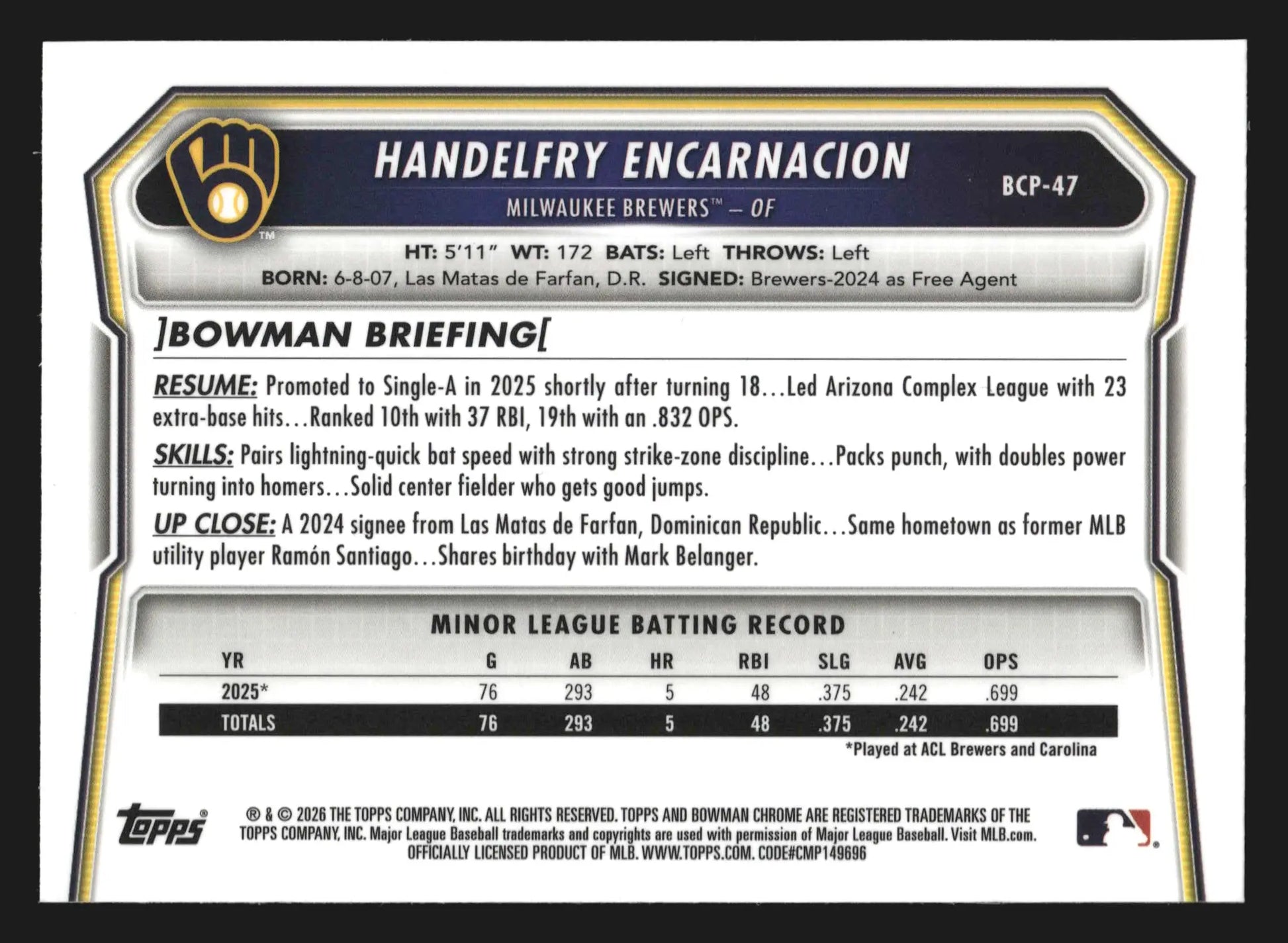 2026 Bowman Chrome #BCP-47 Handelfry Encarnacion Mojo Refractor 1st Bowman - Baseball Card Single