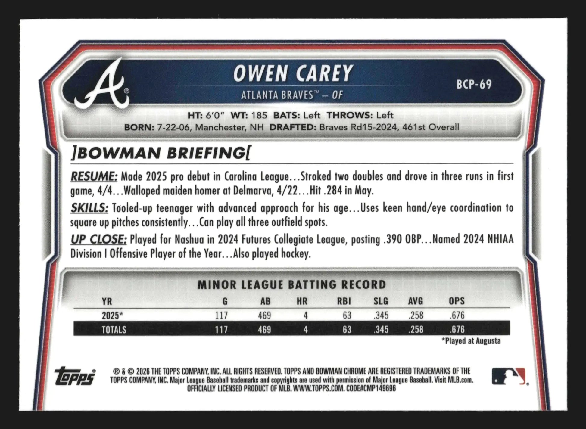 2026 Bowman Chrome #BCP-69 Owen Carey Mojo Refractor Braves 1st Bowman