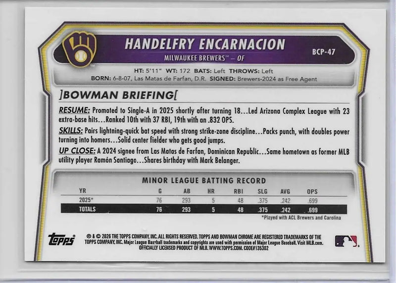 2026 Bowman Chrome Handelfry Encarnacion Reptilian Refractor BCP-47 Brewers 1230 - Baseball Card Single