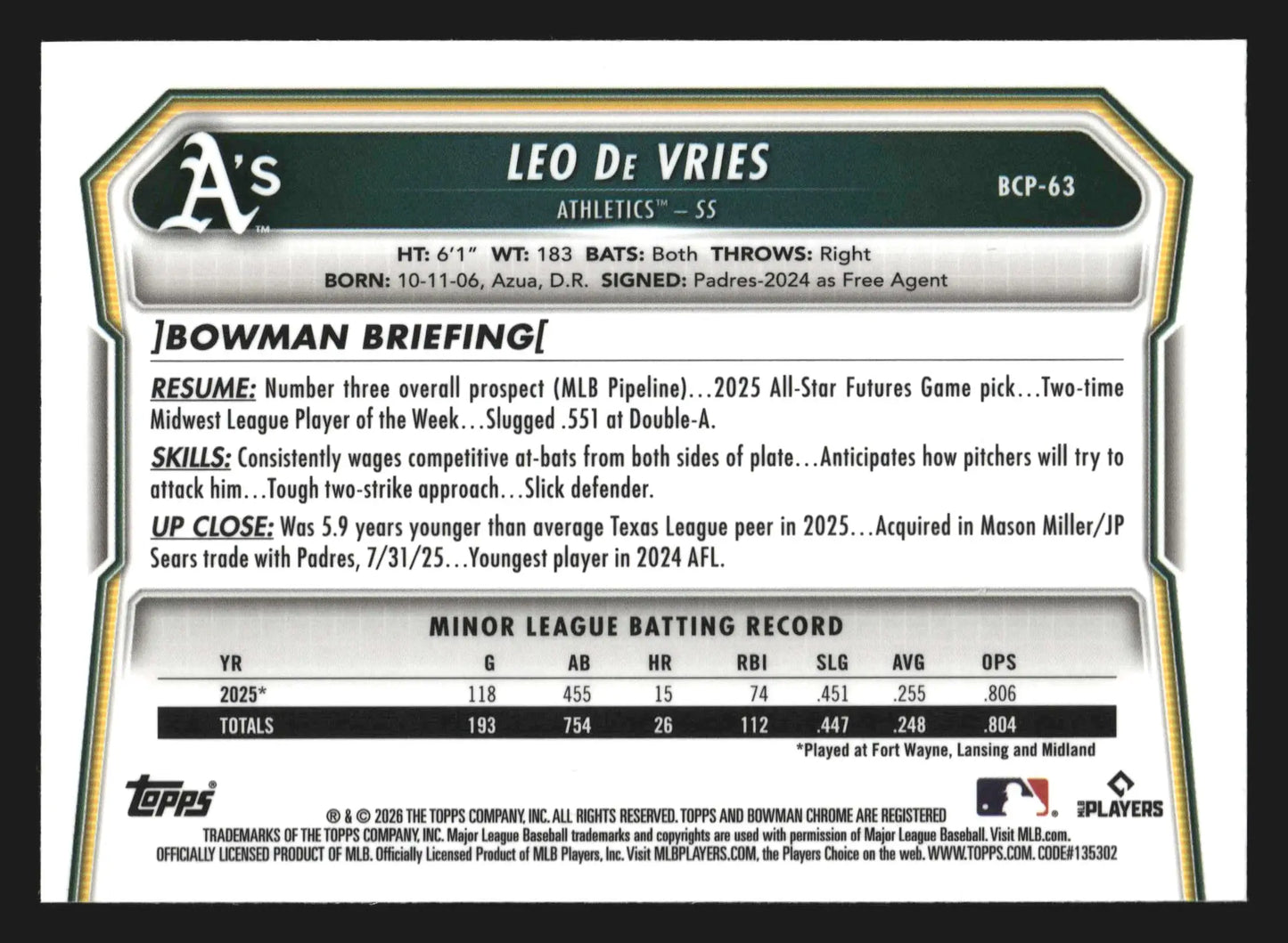 2026 Bowman Chrome Leo De Vries #BCP-63 Athletics - Baseball Card Single