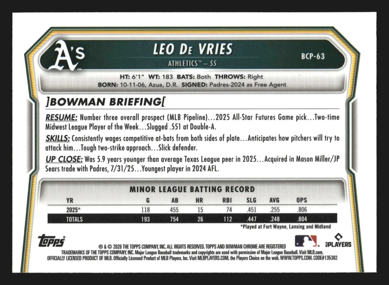 2026 Bowman Chrome Leo De Vries #BCP-63 Athletics - Baseball Card Single