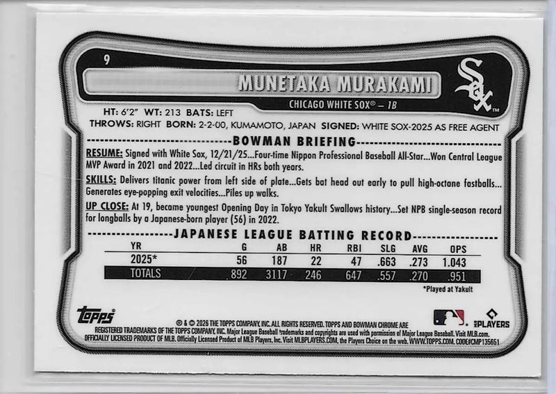 2026 Bowman Chrome Mega #9 Munetaka Murakami RC Chrome Mojo Refractor (1290) - Baseball Card Single