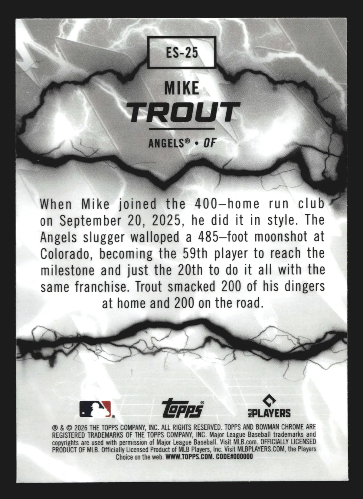 2026 Bowman Chrome Mike Trout #ES-25 Electric Sluggers Angels - Baseball Card Single