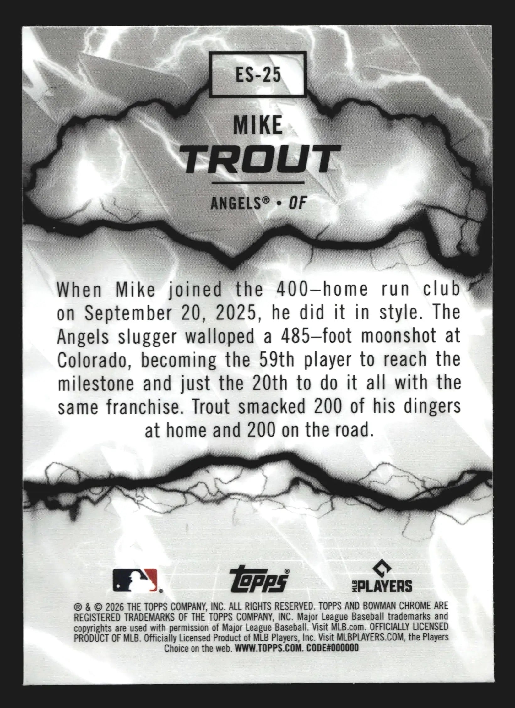 2026 Bowman Chrome Mike Trout #ES-25 Electric Sluggers Angels - Baseball Card Single
