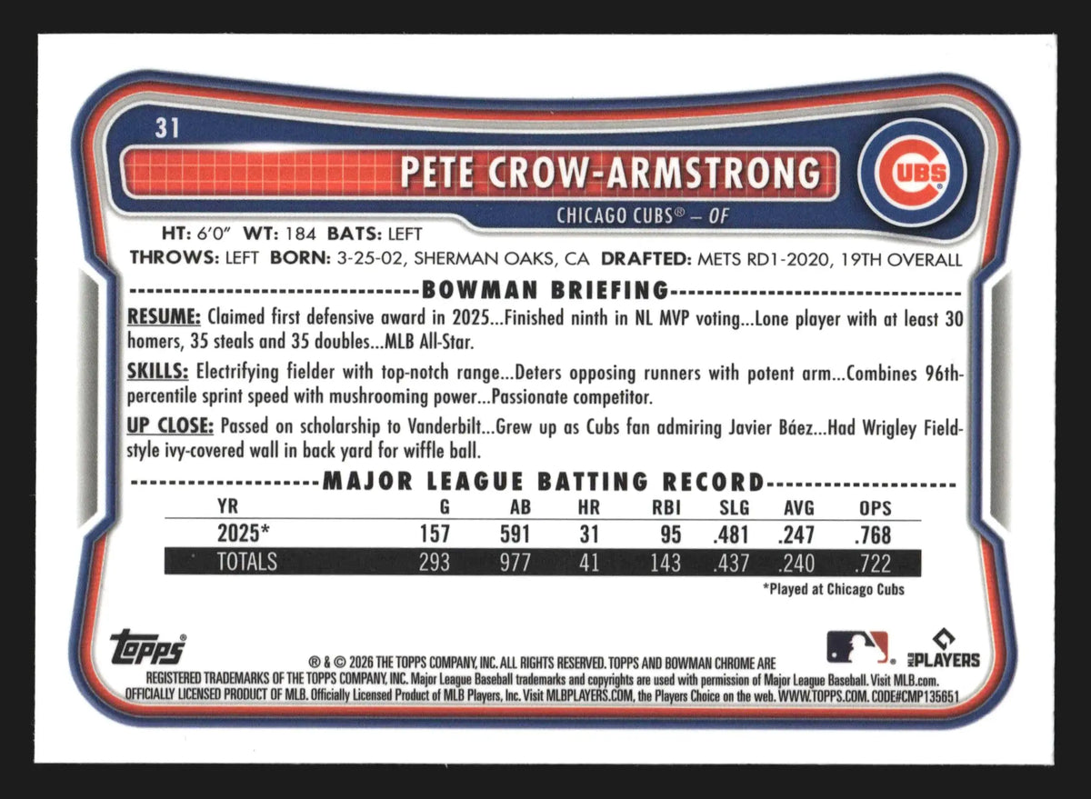 2026 Bowman Chrome Pete Crow-Armstrong #31 Mega Box Mojo Refractor - Baseball Card Single