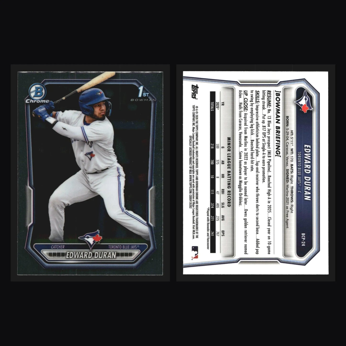 2026 Bowman Chrome Prospects #BCP-24 Edward Duran 1st Bowman Blue Jays