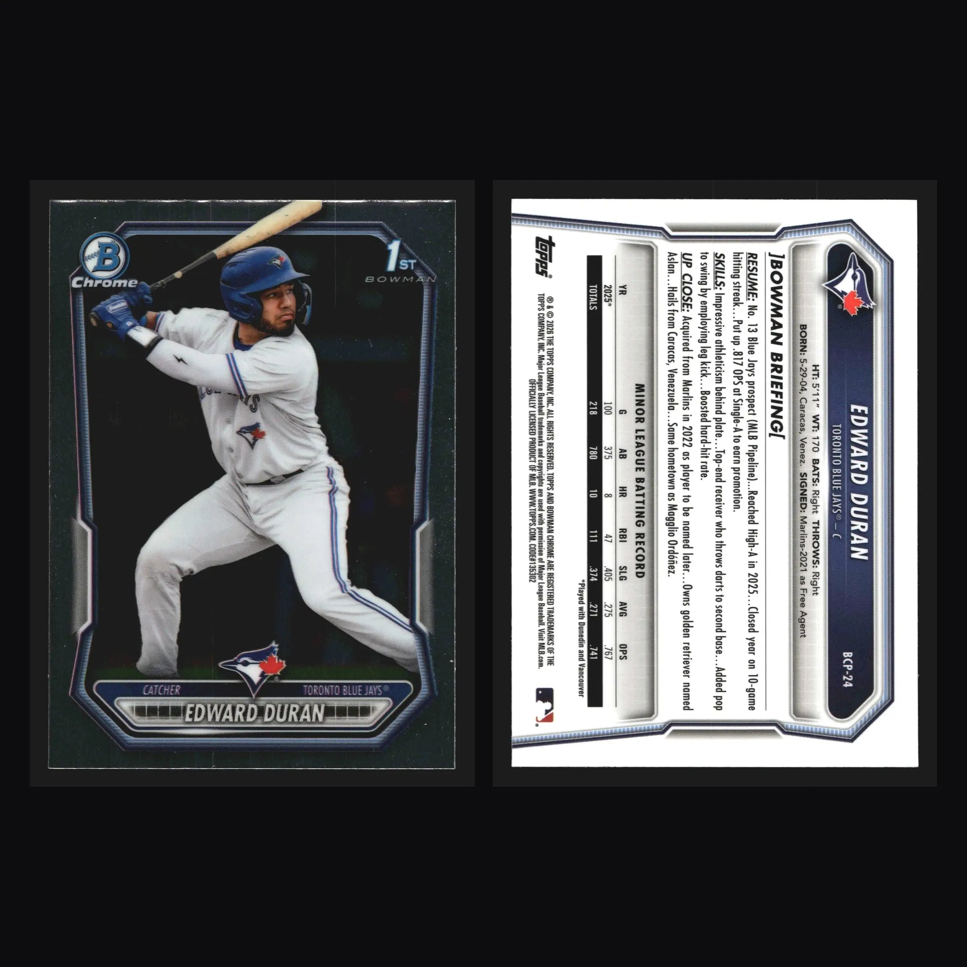 2026 Bowman Chrome Prospects #BCP-24 Edward Duran 1st Bowman Blue Jays