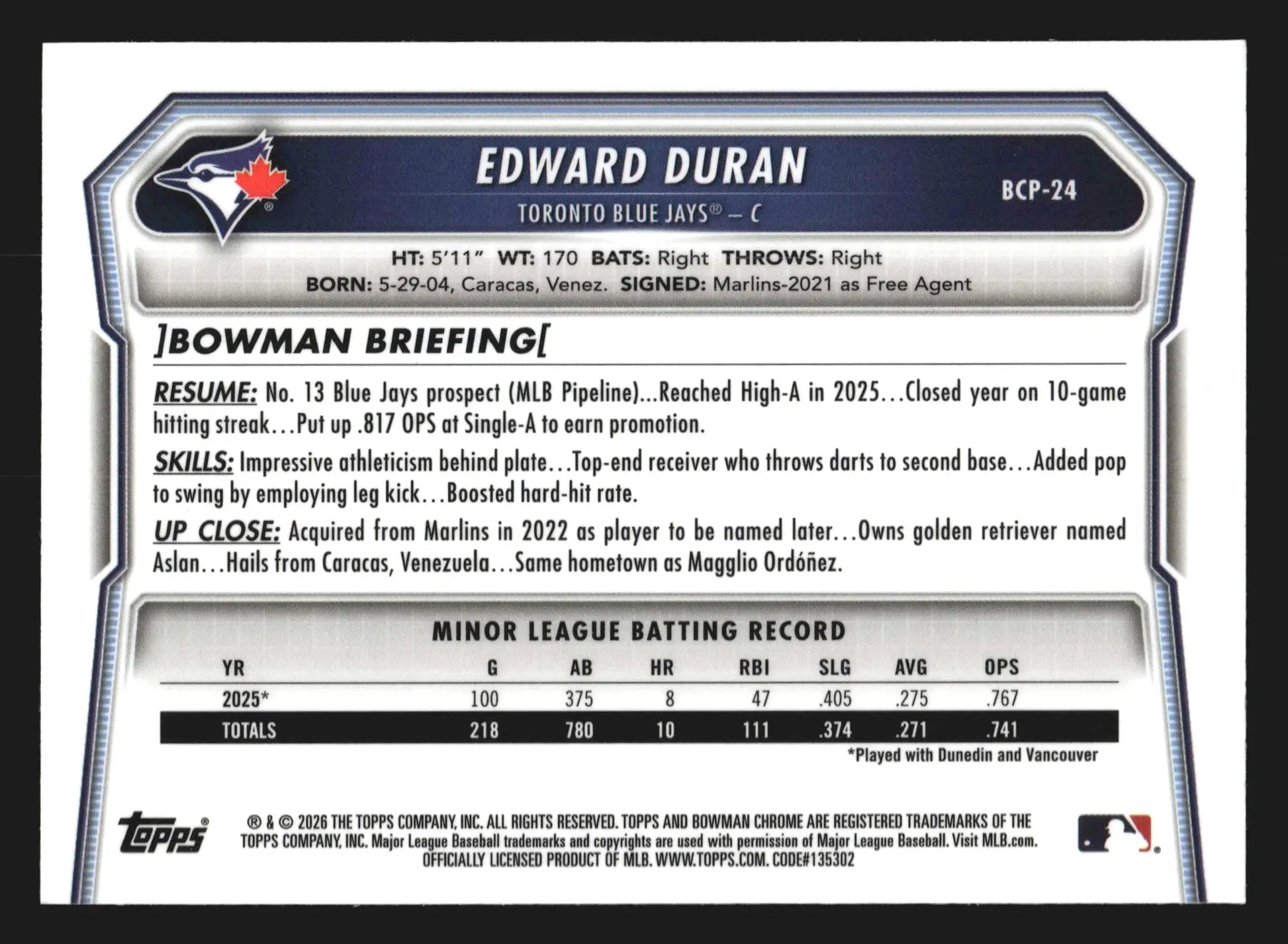 2026 Bowman Chrome Prospects #BCP-24 Edward Duran 1st Bowman Blue Jays