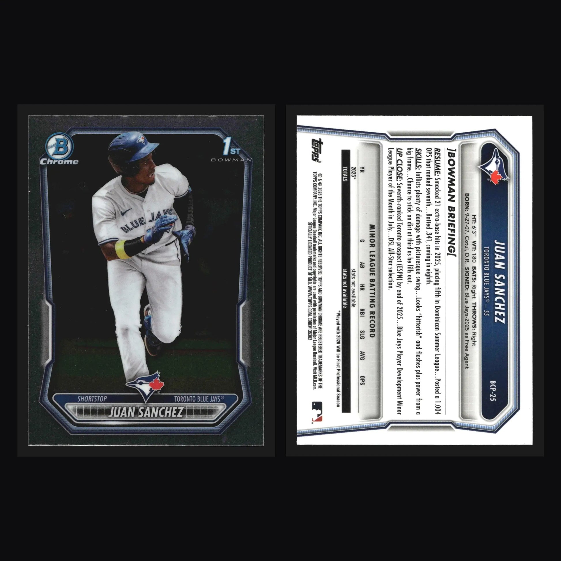 2026 Bowman Chrome Prospects #BCP-25 Juan Sanchez 1st Bowman Blue Jays
