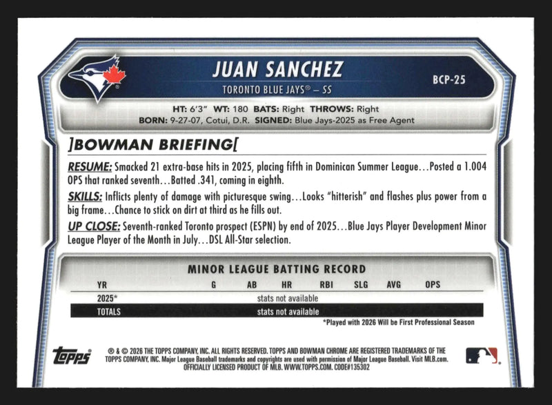 2026 Bowman Chrome Prospects #BCP-25 Juan Sanchez 1st Bowman Blue Jays